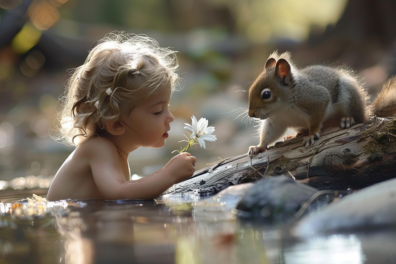 Enfant dans l'eau, avec un écurueil sur une branche